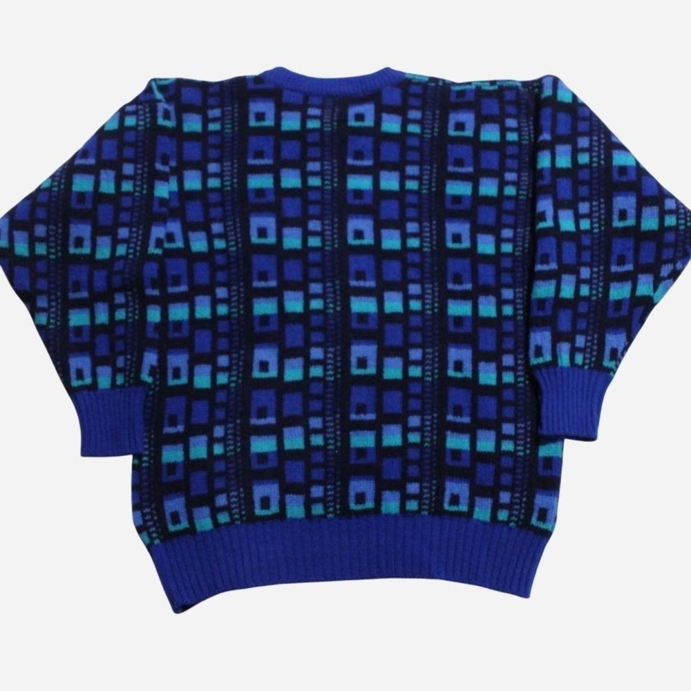 Mens Vintage 90s Abstract Blue Checkered Pattern Grandpa Sweater - Picture 3 of 8